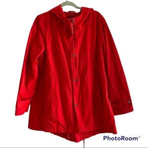 Eileen Fisher Bright Red Hooded Raincoat Zipper and Buttom Front Size Large